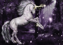 A unicorn surrounded by magic dancing at night in the moonlight.