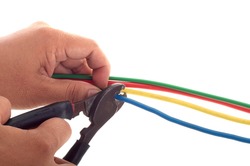 man hand hold cutter ready to cut electrical wire or cable. Isolated white background