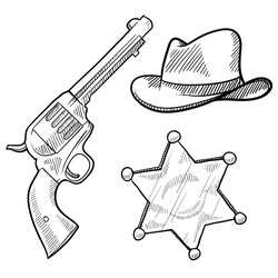 Doodle style wild west cowboy and sheriff objects illustration in vector format including gun, badge and hat
