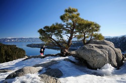 A pine on the rocks at Emerald Bayviewpoint, Lake Tahoe with mother and daughter tourists in the background having fun.