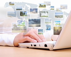 Collage with white laptop computers and symbols of communication