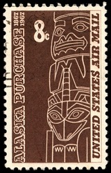 UNITED STATES - CIRCA 1967: A stamp printed in the United States shows the Tlingit totem is from the Alaska state Museum, Juneau, Alaska Purchase Issue, circa 1967
