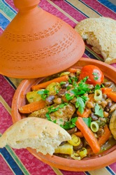 Moroccan "seven vegetables" tagine served with freshly baked homemade sesame bread