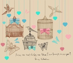 Valentine hand drawing background with cages and birds, vector