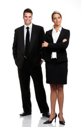 Young smiling business woman and businessman . Over white background
