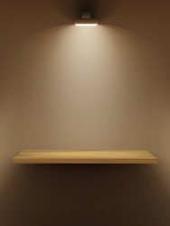 Empty wooden shelf on the wall, illuminated by searchlights. Part of set. Vector interior.