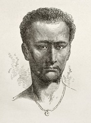 Enticho peasant old engraved portrait (Abyssinia). Created by Bayard after Lejean, published on Le Tour du Monde, Paris, 1867