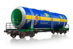 Gasoline railroad tank car isolated on white reflective background