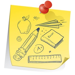 Doodle style school equipment on yellow sticky note sketch in vector format. Includes pencil, apple, ruler, book, grade, and paper airplane.