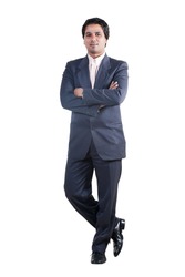 full length portrait of an Indian businessman, biracial businessman isolated on white