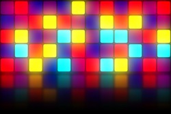 Colorful 80s club dancefloor background with glowing light grid