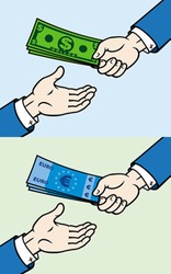 Hand, giving money to other hand, EPS 8, CMYK.
