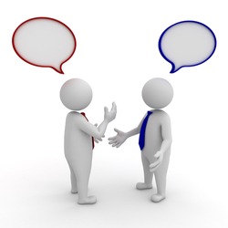 Two businessmen standing and talking with speech bubbles on white background