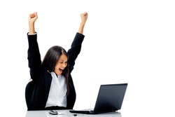 woman with laptop arms raised in victorious celebration of success, isolated on white