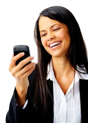 woman laughing with cell phone text message while wearing a suit isolated on white