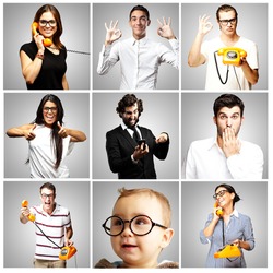 Composition of young people joking over grey background