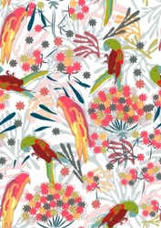 Abstract hand-drawing Seamless pattern with flowers and birds, can be used for wallpaper, pattern fills, web page background, surface textures,vector illustration