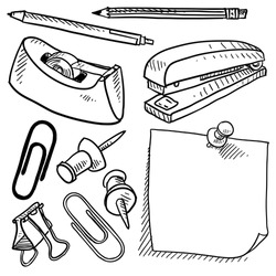 Doodle style office supplies illustration in vector format. Set includes tape dispenser, pencil, pen, stapler, sticky note, stickpin, and paperclips.