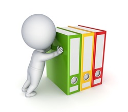 3d small person pushing colorful folders.Isolated on white background.