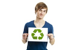 Casual young man holding a recycling sign to promote a green and better world, isolated on white background