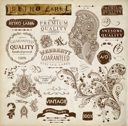 vector set: calligraphic design elements and page decoration, Premium Quality and Satisfaction Guarantee Label collection with vintage frames and detailed hand drawn ornaments with birds | Old paper
