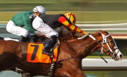ARCADIA, CA - MARCH 15: Christian Santiago Reyes and "Siempre Esperanza" surge ahead to place 2nd in a maiden race at Santa Anita Park on March 15, 2012 in Arcadia, CA.