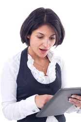 Business woman holding tablet computer isolated on white background. working on touching screen.