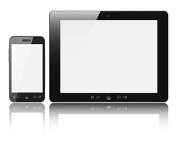 Modern digital tablet PC with mobile smartphone isolated on white background. Clipping path included.