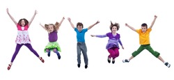 Happy joyful kids jumping high with real life facial expressions - isolated