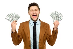 Young businessman holding money