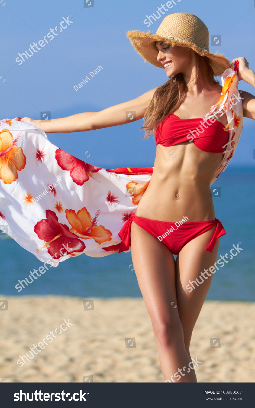 Beautiful Blonde Red Bikini Letting Her Stock Photo 100980667