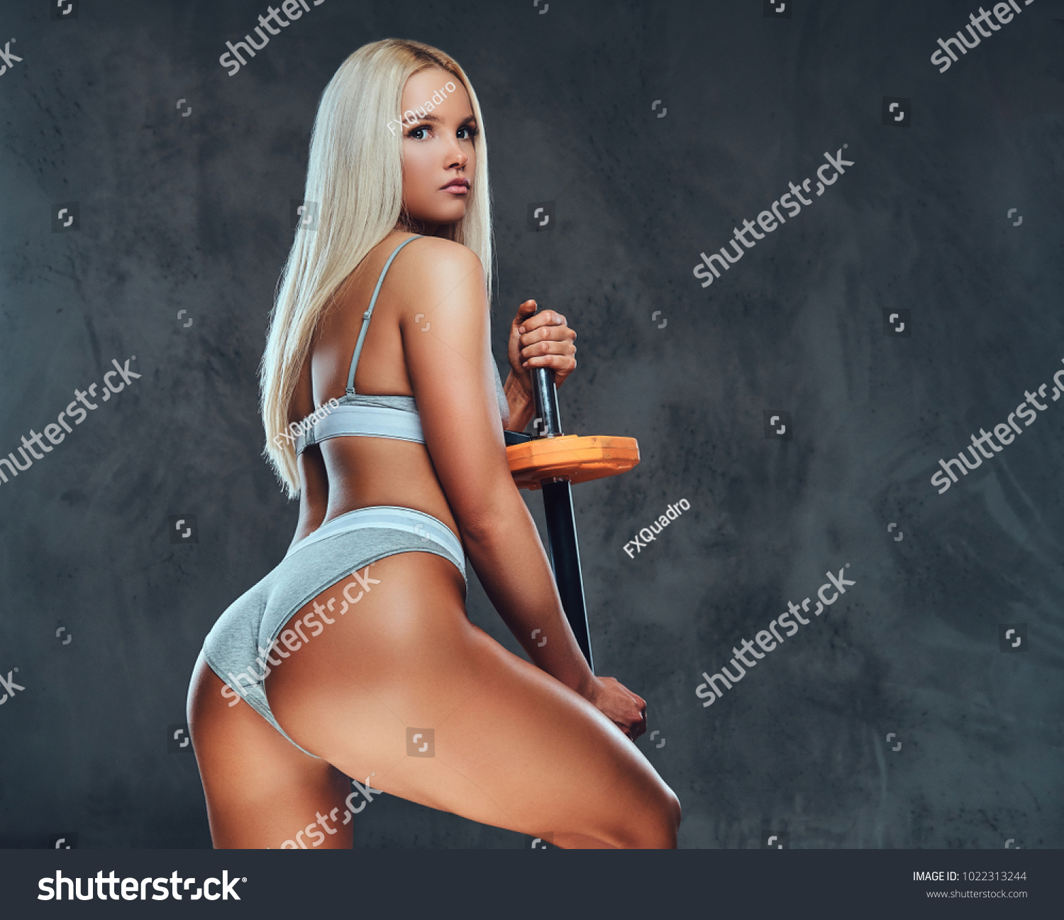 Sexy Blonde Fitness Model Posing Barbell Stock Photo 1022313244