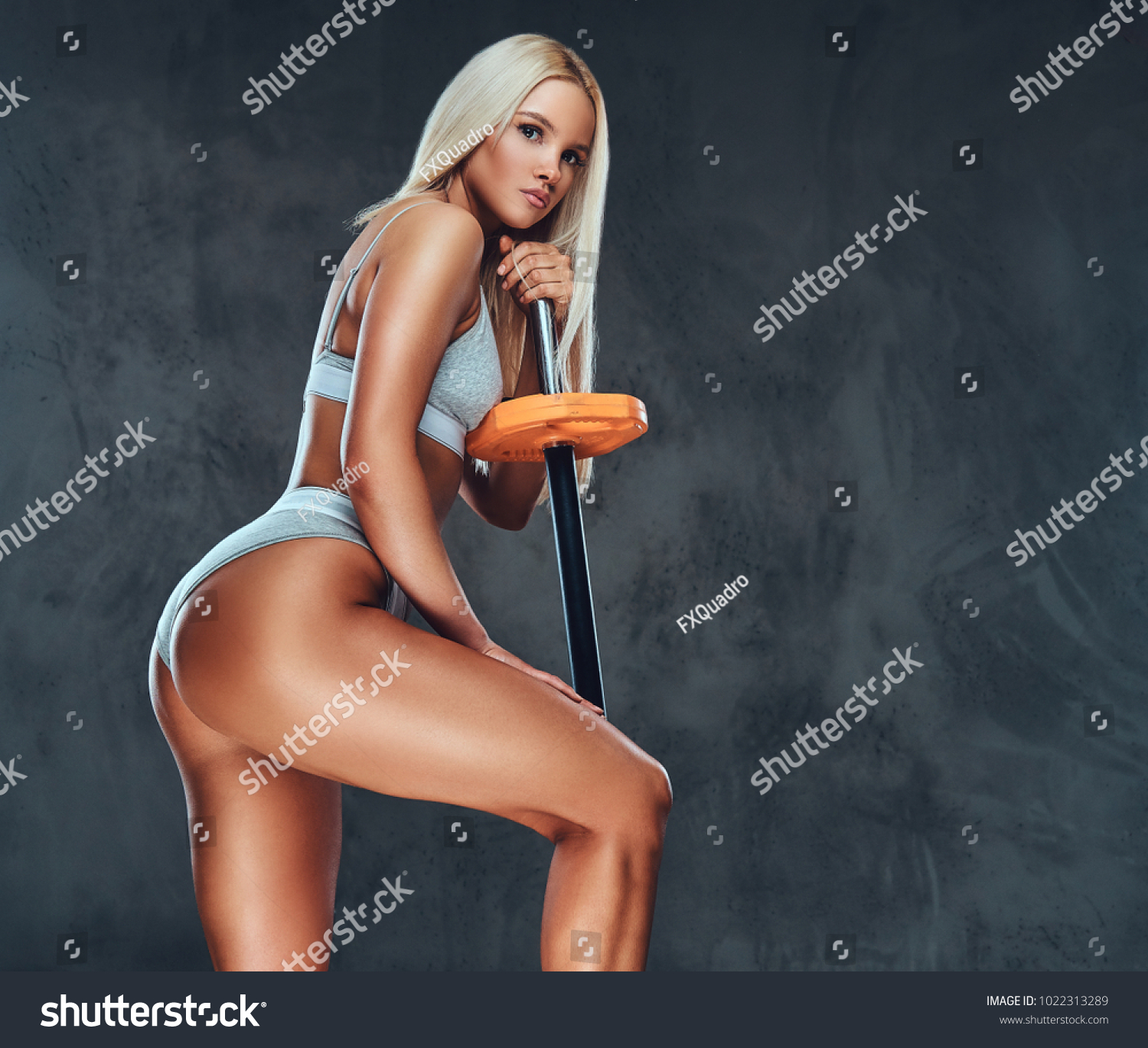 Sexy Blonde Fitness Model Posing Barbell Stock Photo 1022313289