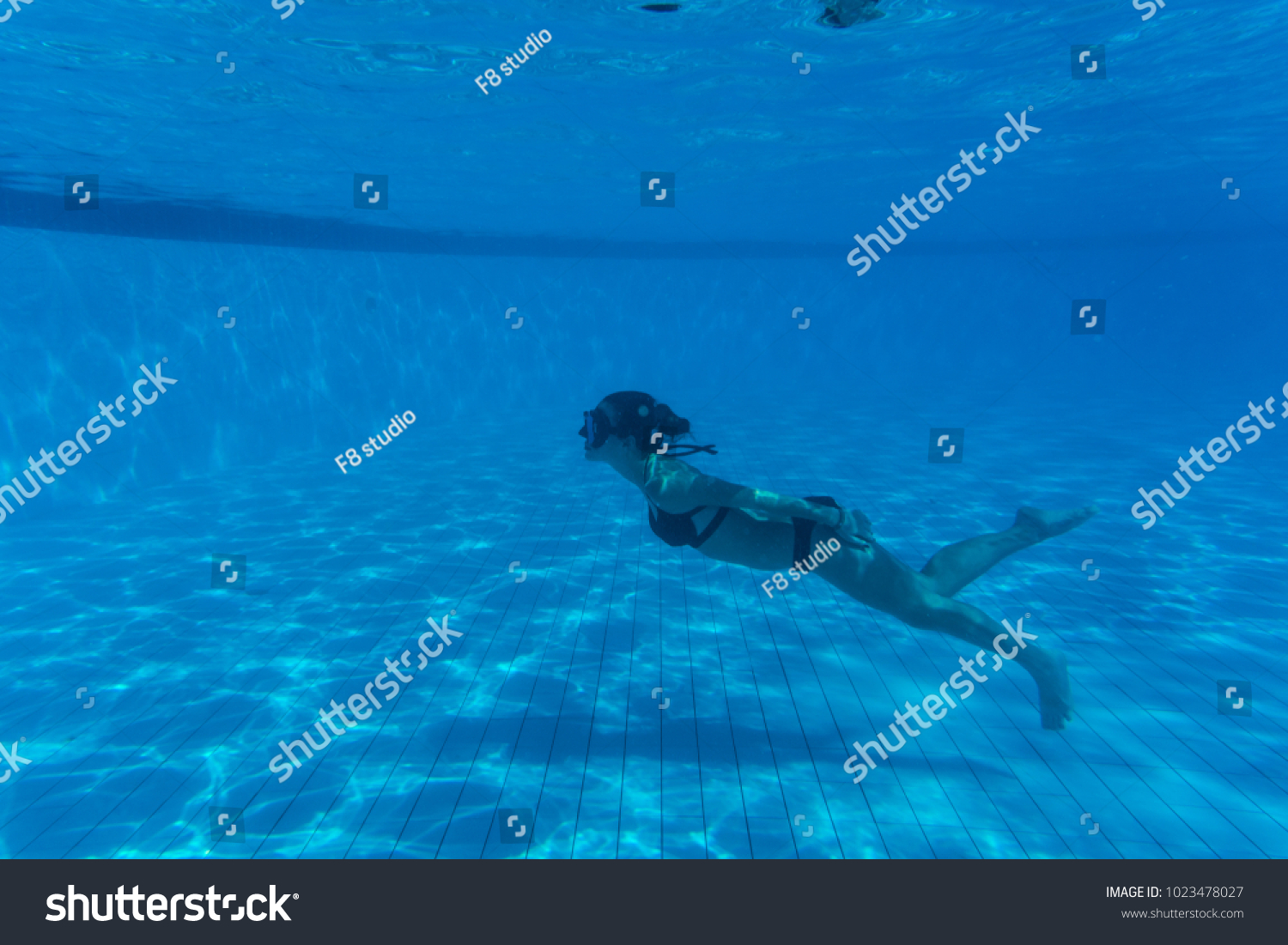 Underwater Woman Portrait White Bikini Swimming Stock Photo