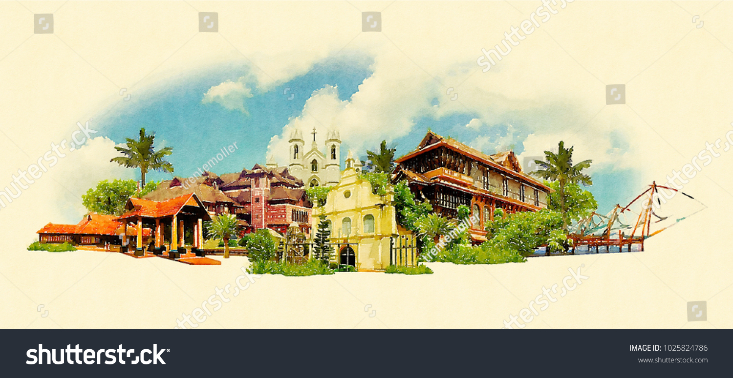 KOCHI 시티 컬러 워터컬러 그림 스톡 일러스트 1025824786 Shutterstock