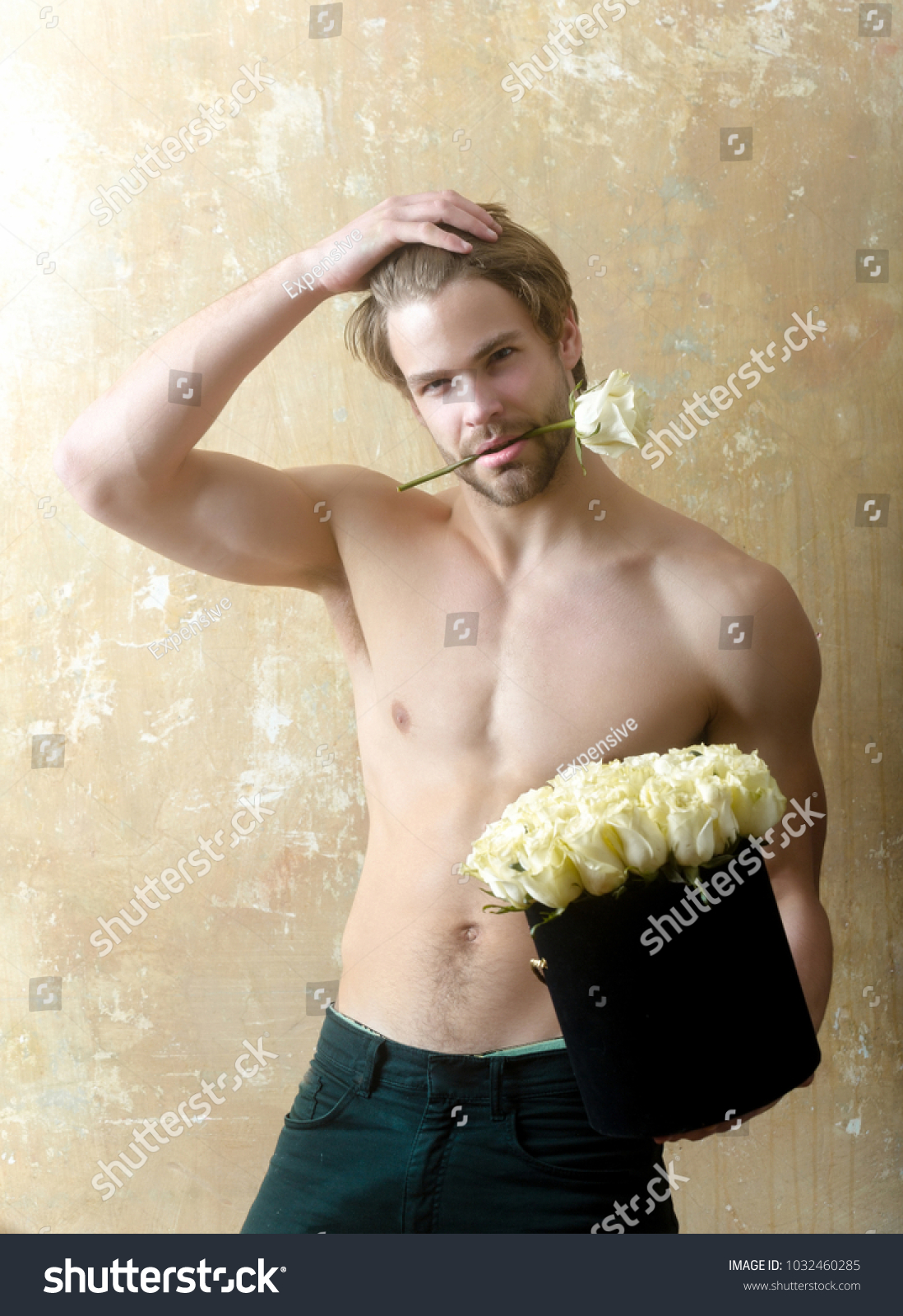 Man Roses Bouquet Sexy Halfnaked Handsome Shutterstock