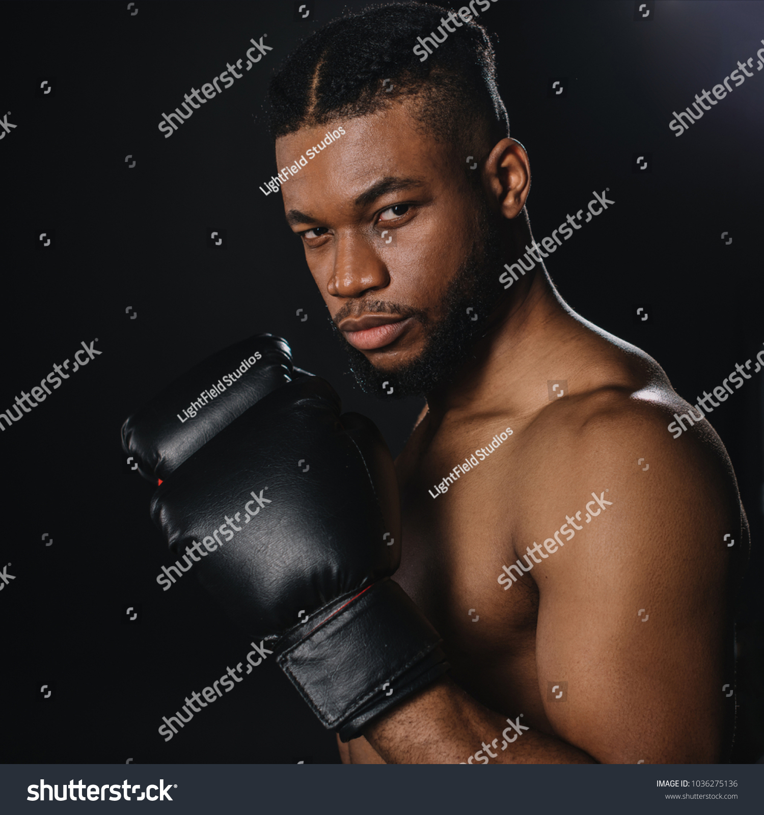 Serious Shirtless African American Boxer Boxing Stock Photo 1036275136