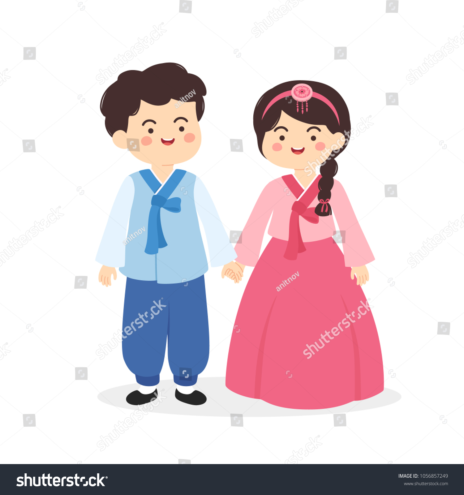 Vektor Stok Cute Korean Hanbok Couple Traditional Clothes Tanpa