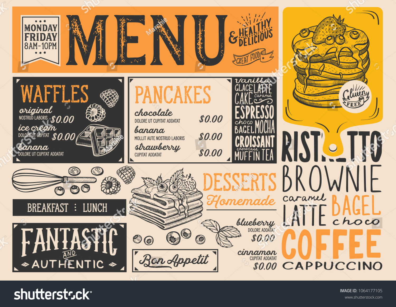 Waffles Crepes Restaurant Menu Vector Pancake Stock Vector Royalty