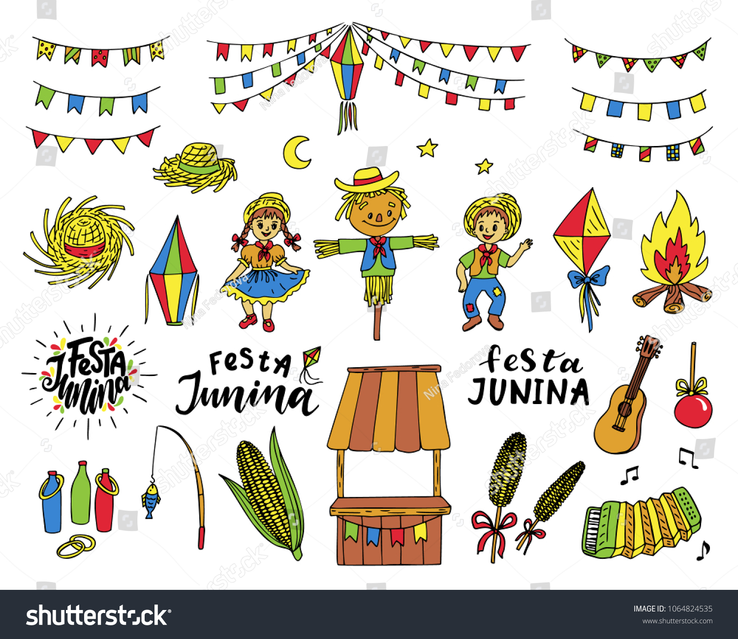 Set Festa Junina Traditional Celebration Symbols Vector C S N Mi N