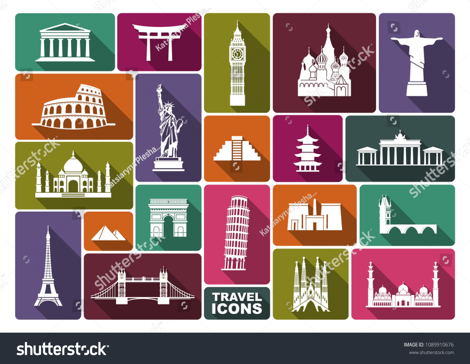 World Landmark Icon Set Flat Vector Stock Vector Royalty Free