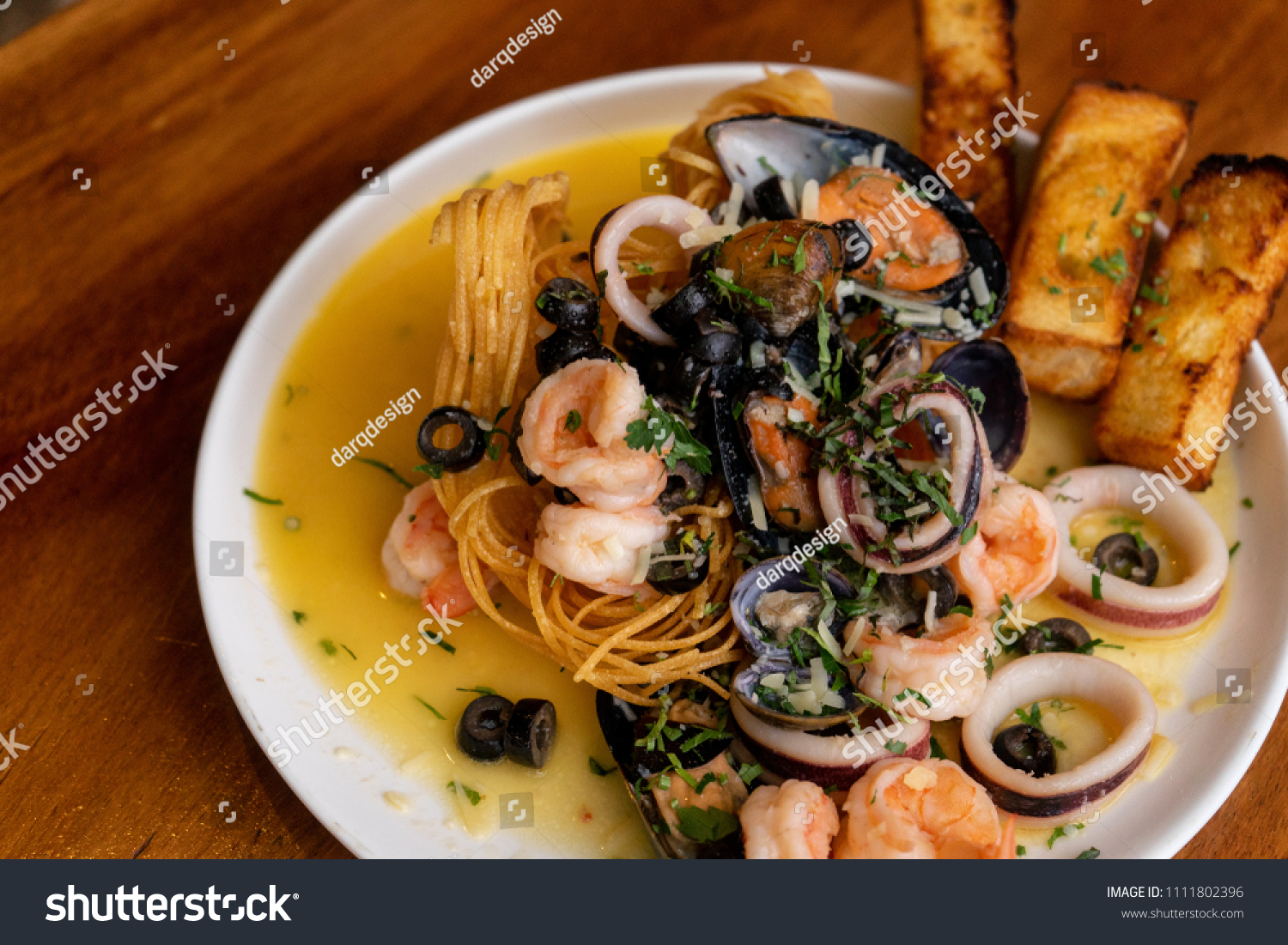 Seafood Dish Shrimp Squid Octopus Garlic Stock Photo 1111802396