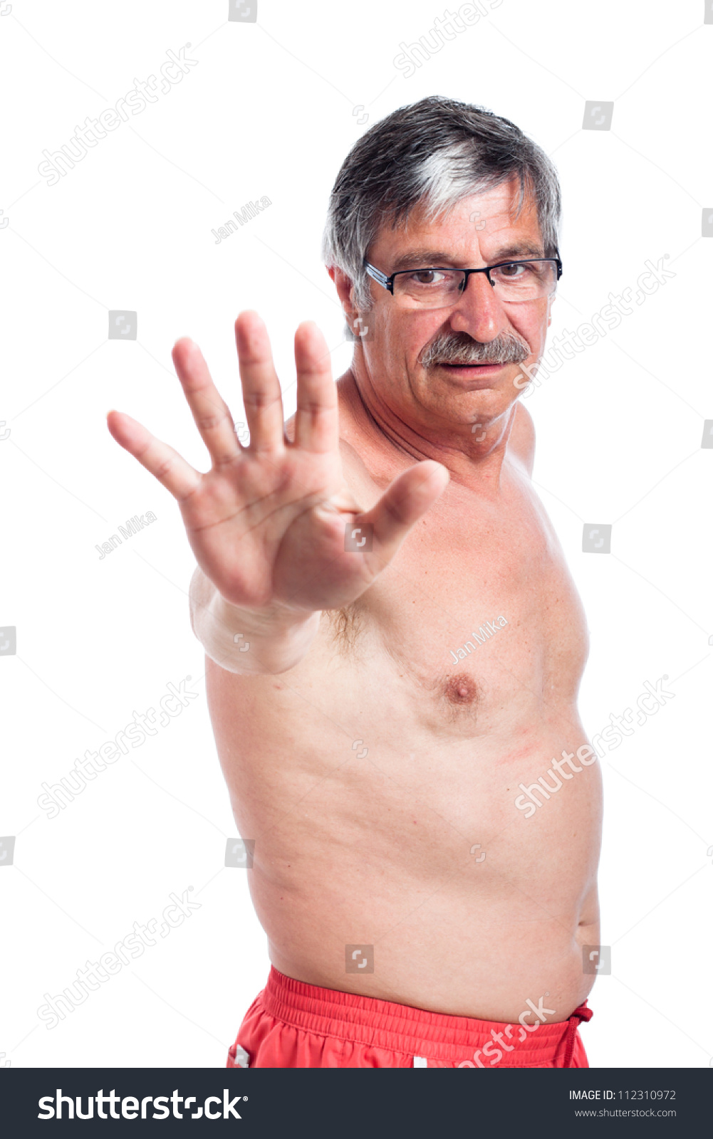 Naked Senior Man Gesturing Stop Sign Stock Photo 112310972 Shutterstock