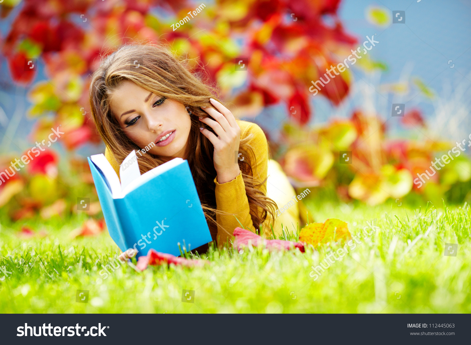 Portrait Gorgeous Brunette Woman Reading Book Stock Photo