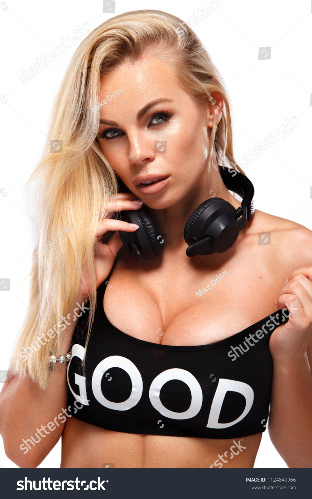 Closeup Portrait Beautiful Sexy Blonde Dj Stock Photo 1124849966