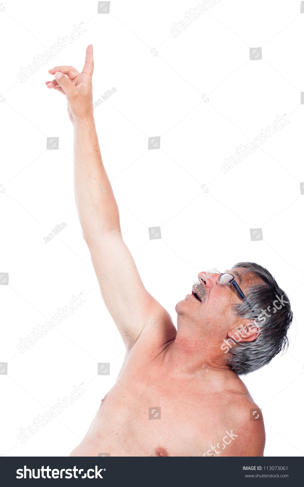 Naked Middle Aged Man Pointing Isolated Stock Photo 113073061