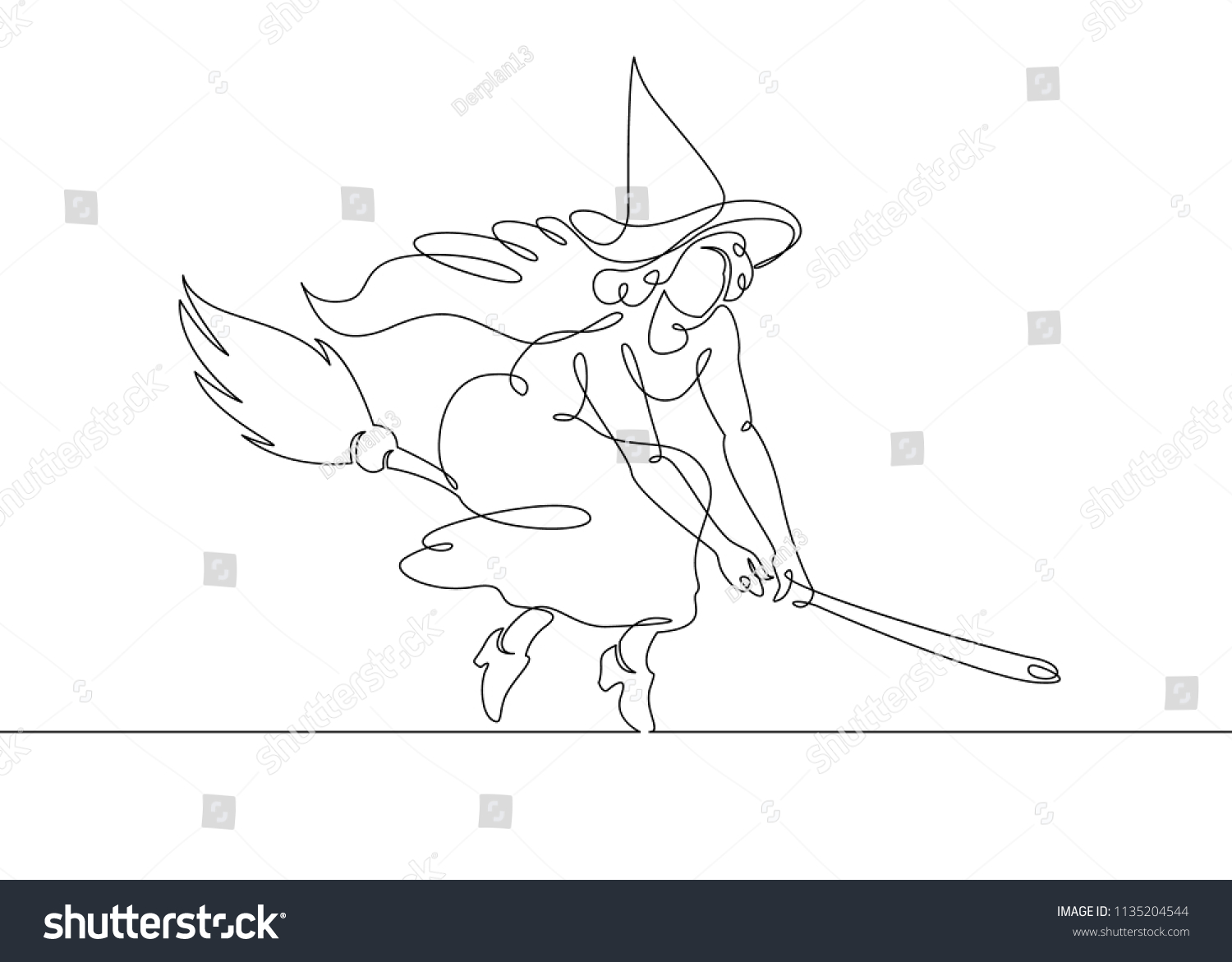 One Continuous Drawn Single Line Witch Stock Vector Royalty Free