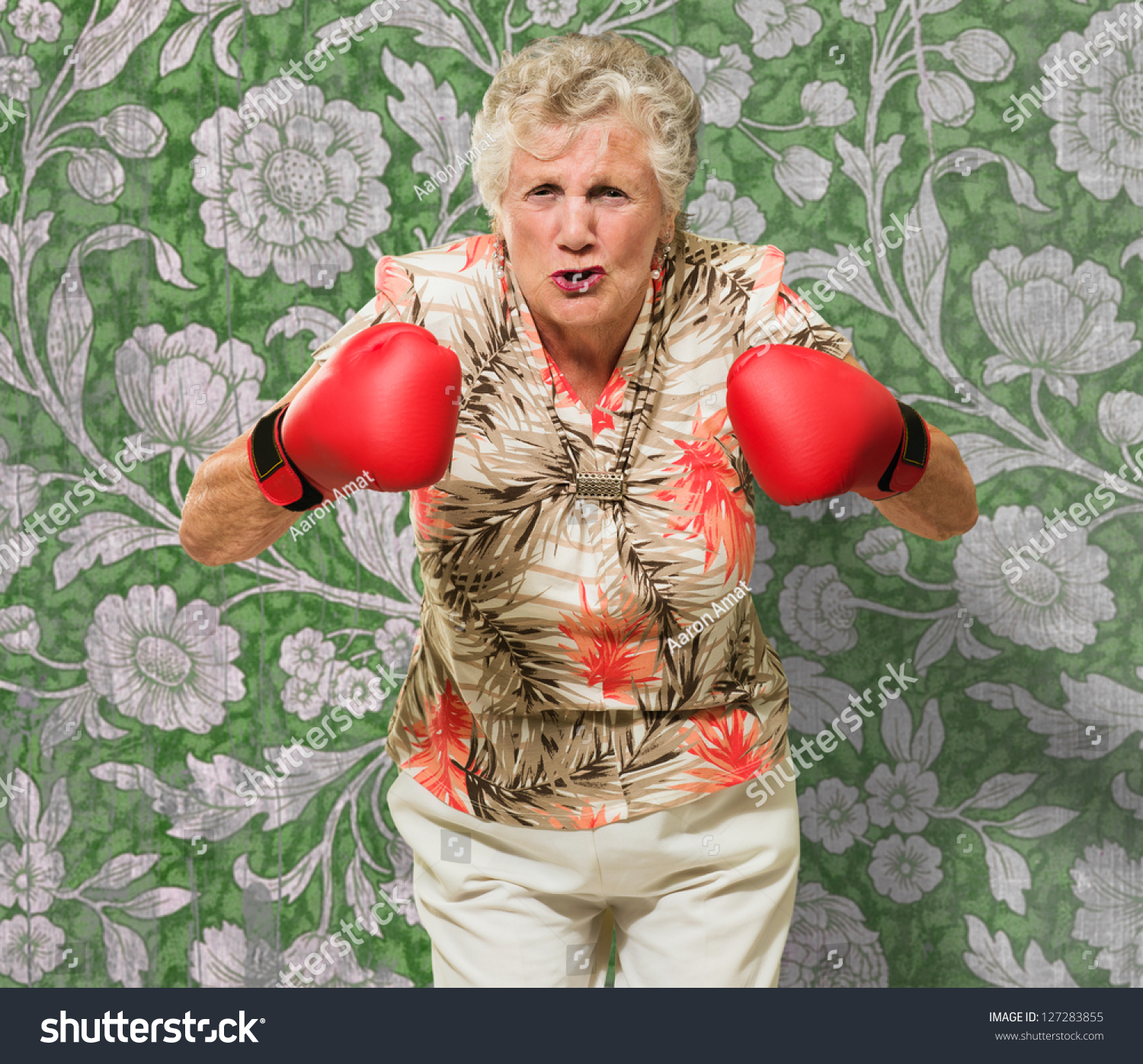 Angry Mature Woman Wearing Boxing Gloves Stock Photo 127283855