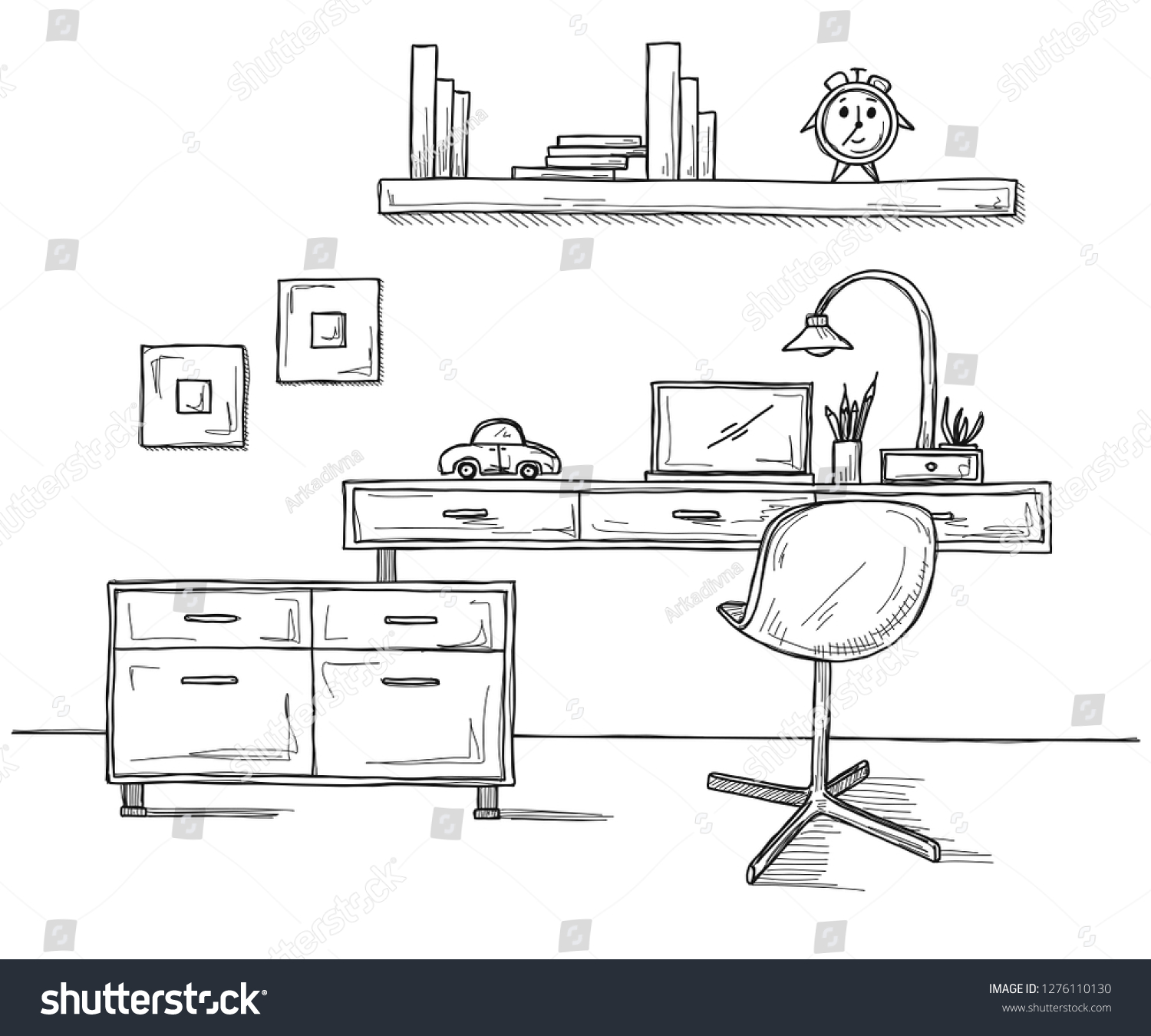 Sketch Room Office Chair Desk Various Stock Vector Royalty Free