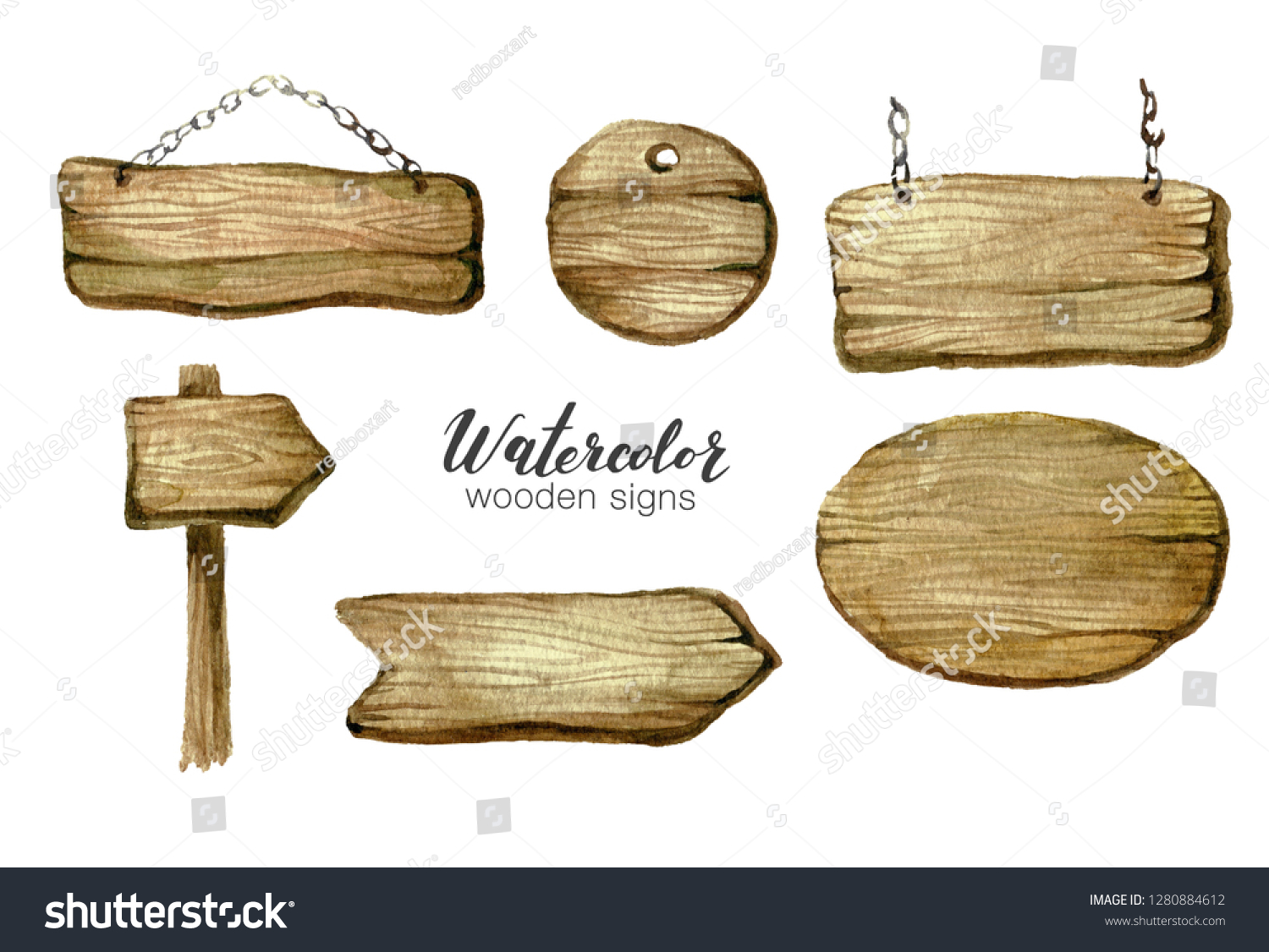 Watercolor Wooden Sign Boards Arrows Set Stock Illustration